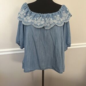 Time & Tru Ruffle Chambray Blouse‎ Size XL 16-18 Blue 3/4 Sleeves Pullover Top
